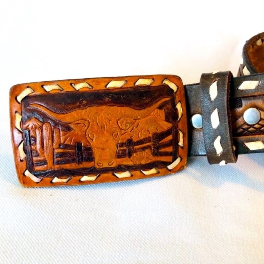 LEATHER BELT BUCKLE ONLY  TOOLED LACED LEATHER BULL HORNS AZTEC VINTAGE …